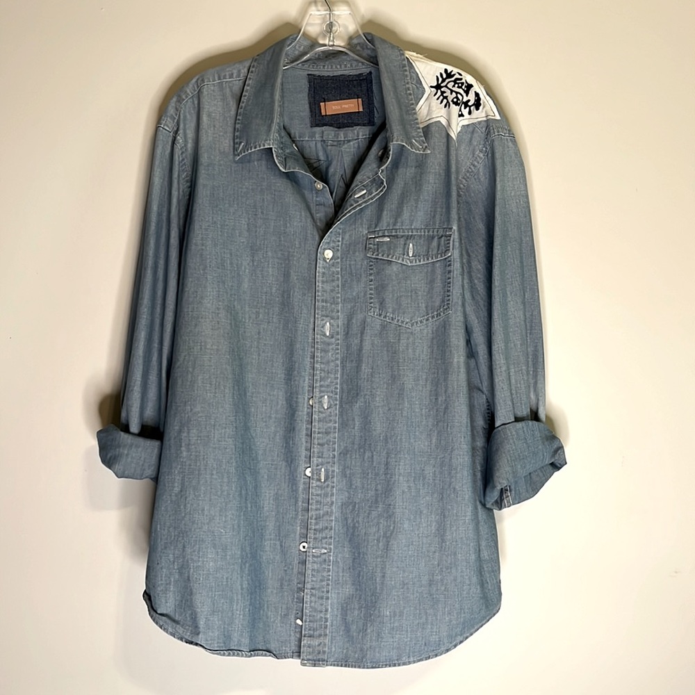 Custom Made Upcycled Demin Button Down Star Shirt - image 2